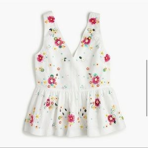 J.Crew Linen-Blend Beaded Floral Peplum Top